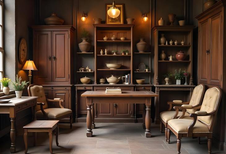 Elegant Antique Wooden Furniture Collection in a Stylish Vintage Shop